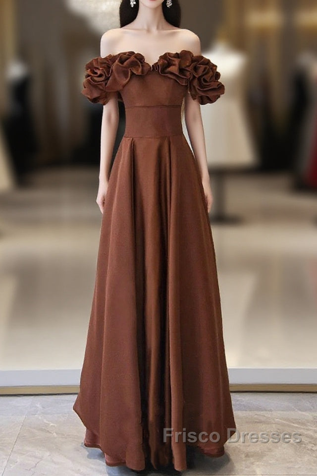 Brown Satin Off Shoulder A-Line Formal Prom Dress, Brown Satin Evening Dress Formal Dress