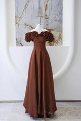 Brown Satin Off Shoulder A-Line Prom Dress, Brown Satin Evening Dress Formal Dress