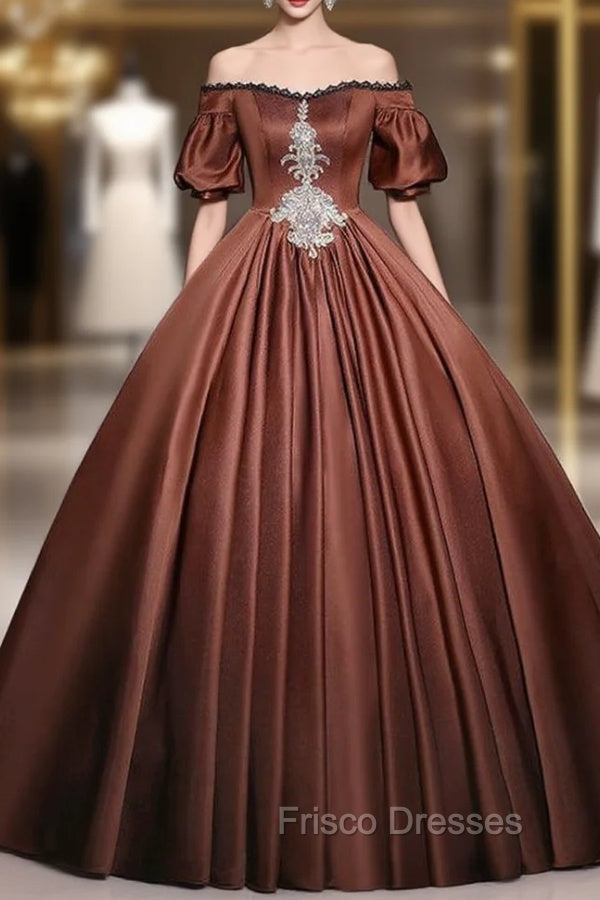 Brown Satin Off the Shoulder Short Sleeve Quinceanera Dress Main image