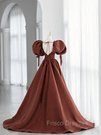 Brown Satin Short Sleeves Long Party Dress, Brown V-neckline Formal Prom Dress