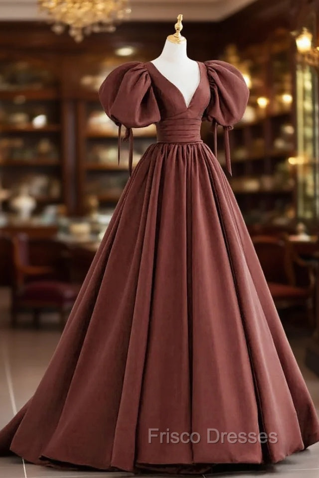 Brown Satin Short Sleeves Long Party Dress, Brown V-neckline Formal Prom Dress Main image