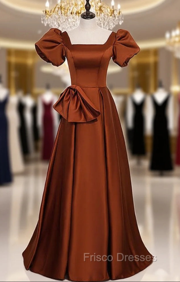 Brown Satin Square Puff Sleeve Bow Formal Prom Dress