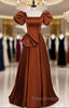 Brown Satin Square Puff Sleeve Bow Formal Prom Dress