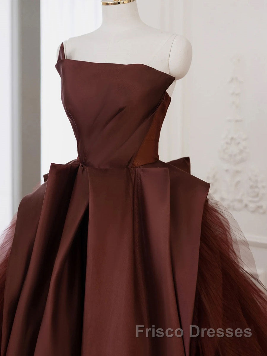 Brown Satin Tulle Long Formal Prom Gown, Brown Long Evening Dresses Secondary image