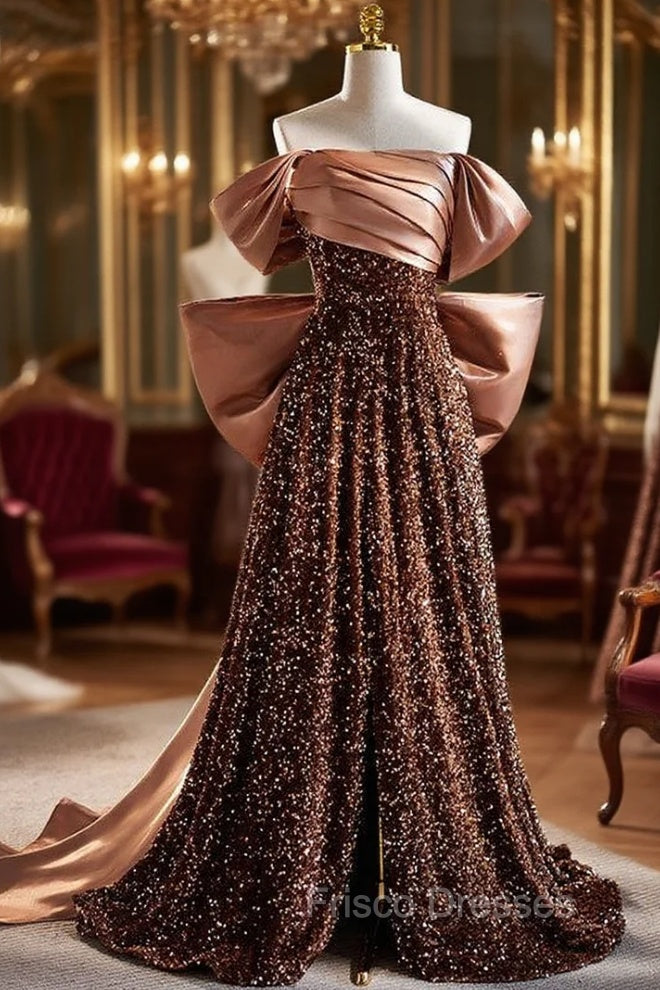 Brown Sequins Satin Pleats Formal Prom Dress With Bow Main image