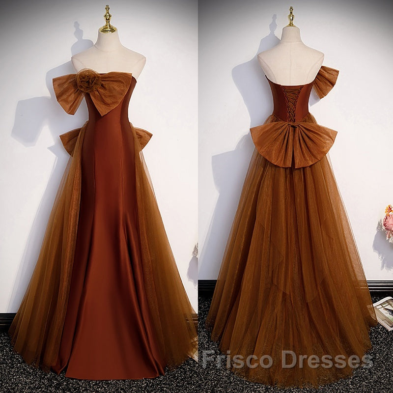 Brown Tulle And Satin Mermaid Long Party Dress, Long Formal Dress Formal Prom Dress