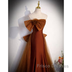 Brown Tulle And Satin Mermaid Long Party Dress, Long Formal Dress Formal Prom Dress