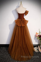 Brown Tulle And Satin Mermaid Long Party Dress, Long Formal Dress Formal Prom Dress