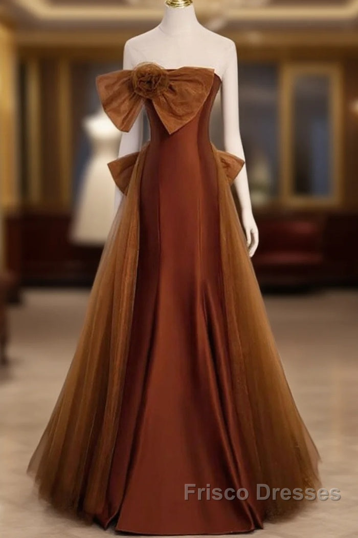 Brown Tulle And Satin Mermaid Long Party Dress, Long Formal Dress Formal Prom Dress