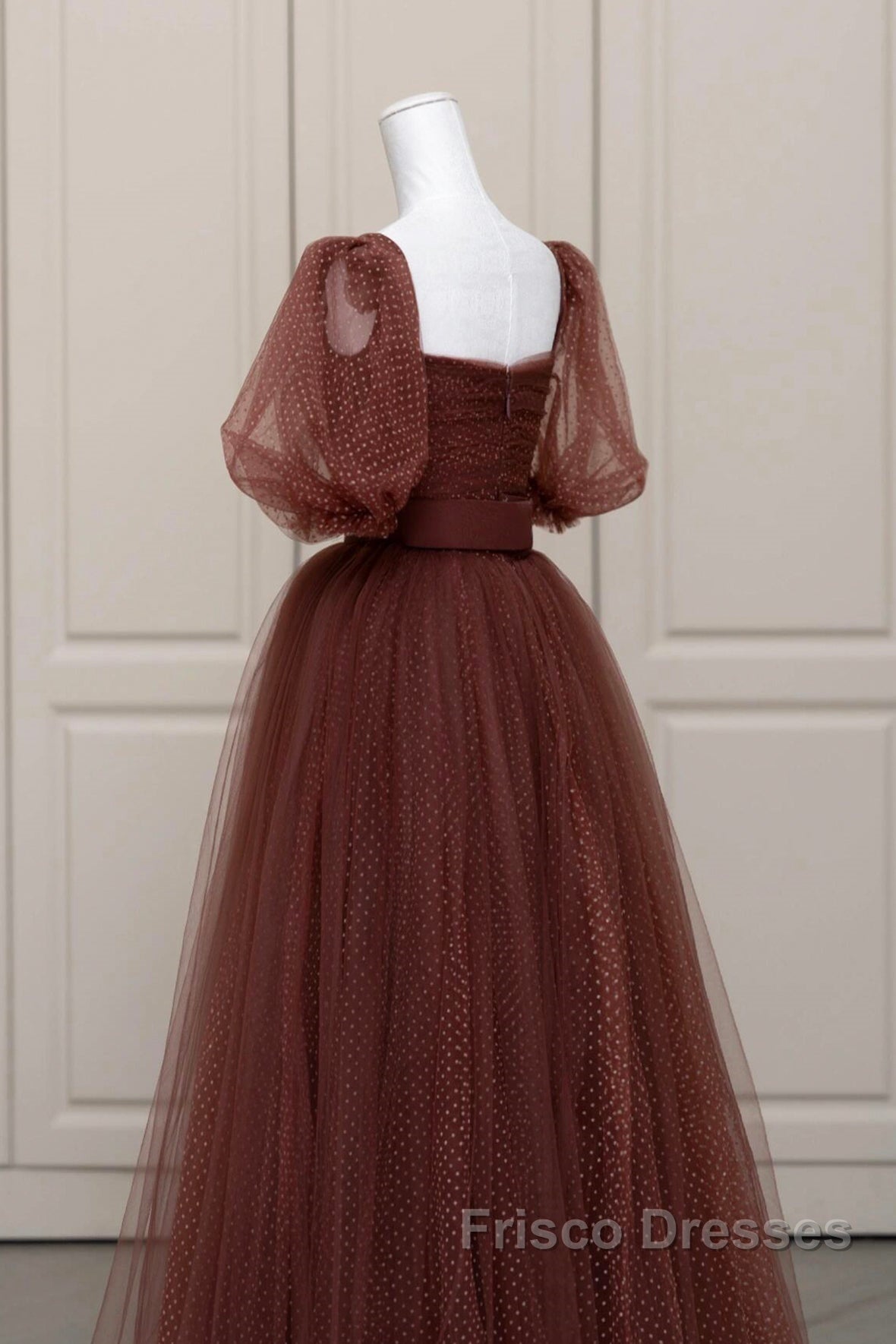 Brown Tulle Floor Length Formal Prom Dress, A-Line Short Sleeve Evening Party Dress Secondary image