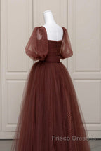 Brown Tulle Floor Length Formal Prom Dress, A-Line Short Sleeve Evening Party Dress