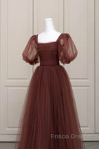 Brown Tulle Floor Length Formal Prom Dress, A-Line Short Sleeve Evening Party Dress