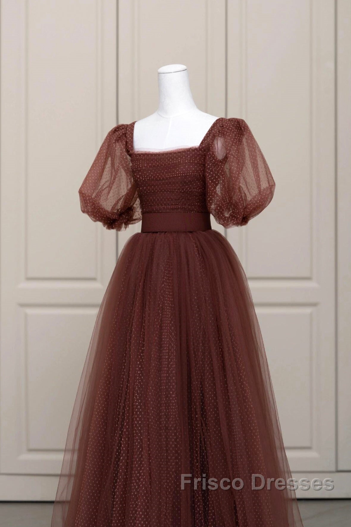 Brown Tulle Floor Length Formal Prom Dress, A-Line Short Sleeve Evening Party Dress