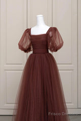 Brown Tulle Floor Length Prom Dress, A-Line Short Sleeve Evening Party Dress