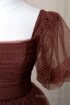 Brown Tulle Floor Length Formal Prom Dress, A-Line Short Sleeve Evening Party Dress