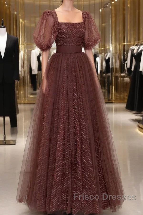 Brown Tulle Floor Length Formal Prom Dress, A-Line Short Sleeve Evening Party Dress