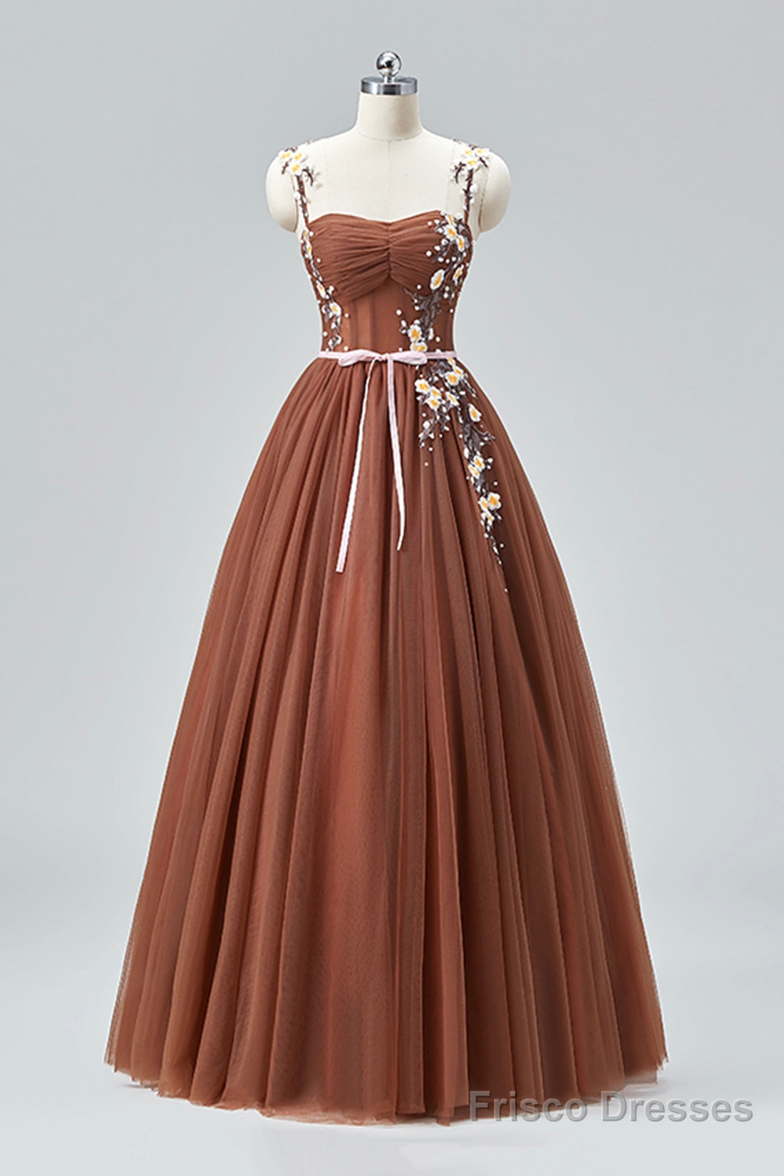 Brown Tulle Lace Long Prom Dress, Beautiful A-Line Spaghetti Strap Evening Party Dress Main image