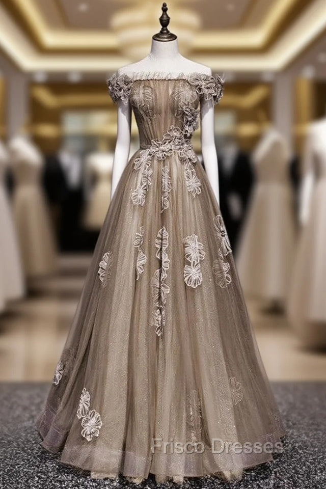 Brown Tulle Off the Shoulder Long Formal Prom Dress