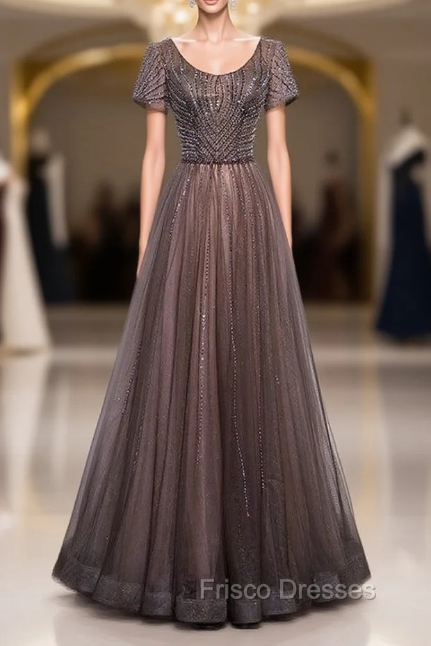 Brown Tulle V-neck Short Sleeve Beading Sequins Formal Prom Dress Main image