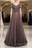 Brown Tulle V-neck Short Sleeve Beading Sequins Formal Prom Dress
