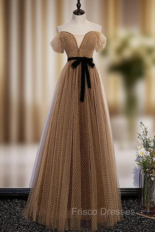 Brown Wave Point Tulle Off the Shoulder Formal Prom Dress Main image