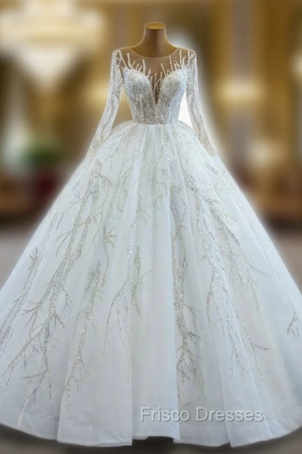 Browse Our Lovely White Tulle Sequins Appliques Long Sleeve Brides Wedding Dress Main image