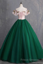 Green Off the Shoulder Floor Length Formal Prom Dress with Appliques, Puffy Quinceanera Dress