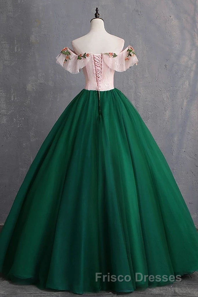 Green Off the Shoulder Floor Length Formal Prom Dress with Appliques, Puffy Quinceanera Dress
