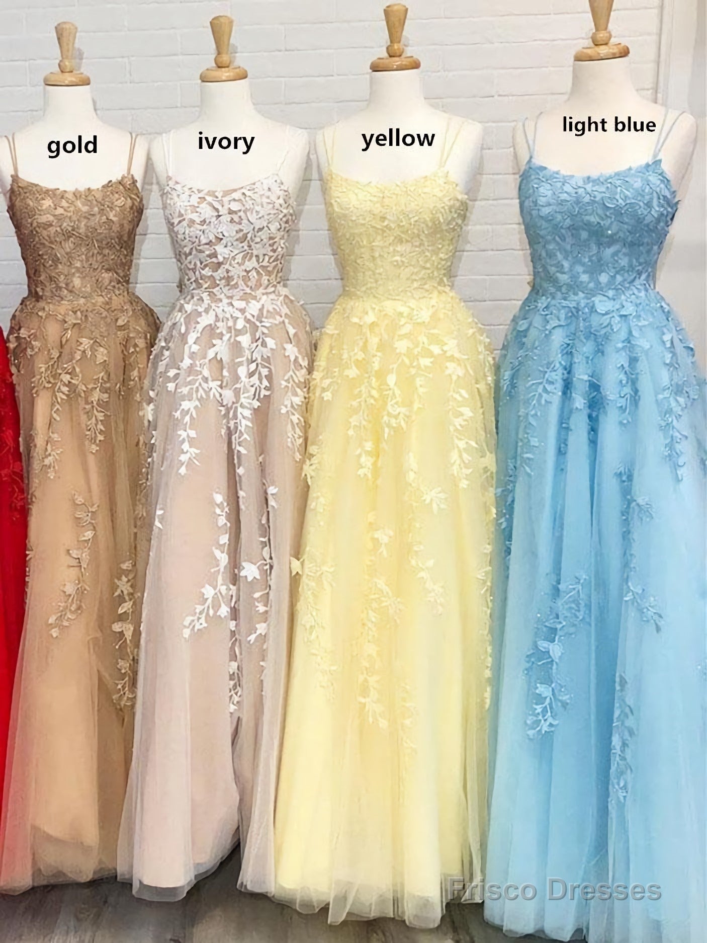 A Line Tulle Yellow Spaghetti Straps Prom Dresses With Appliques Party Dresses Main image