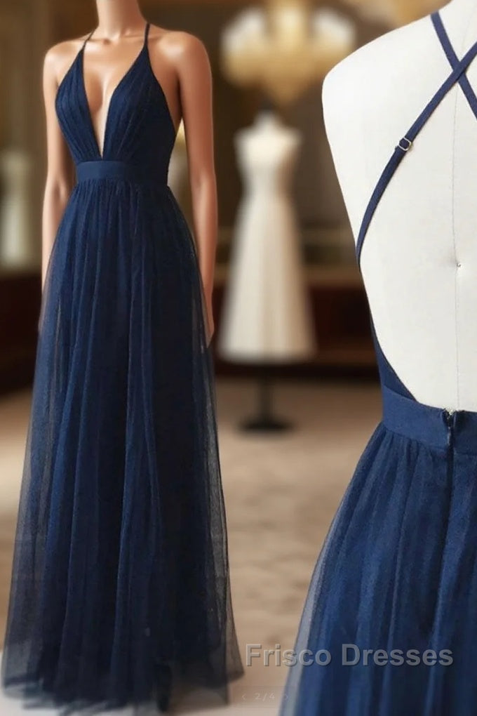 Simple Tulle Blue Long Formal Prom Dress, A Line Backless Evening Dress