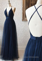 Simple Tulle Long Formal Prom Dress, A Line Backless Evening Dress