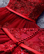 Burgundy Lace Tulle Short Prom Dress, Lace Evening Dress
