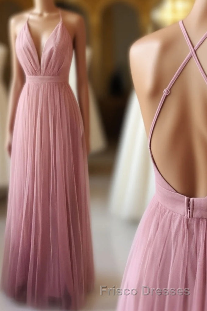 Simple Tulle Long Formal Prom Dress, A Line Backless Evening Dress