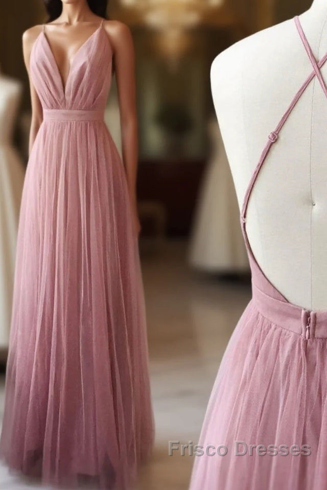 Simple Tulle Long Formal Prom Dress, A Line Backless Evening Dress