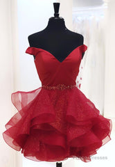 Burgundy V-Neck Off the Shoulder Short Prom Dresses
