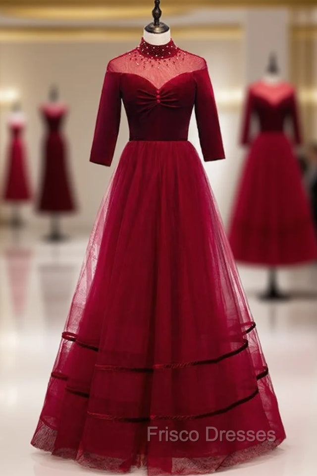 Burgund Tulle Velvet Half Sleeve Beading Formal Prom Dress