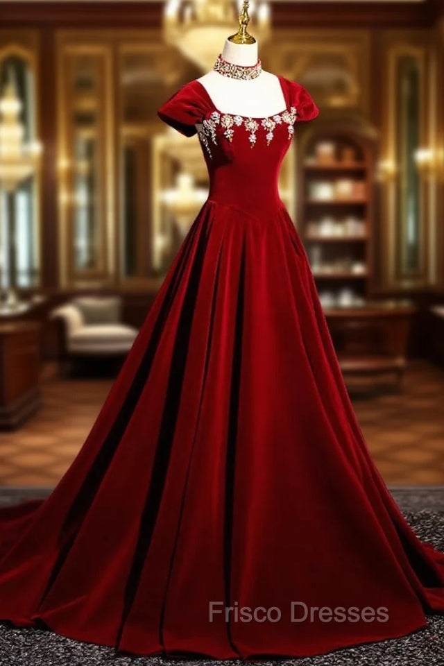 Burgundy A Line Beaded Velvet Long Formal Prom Dress Main image