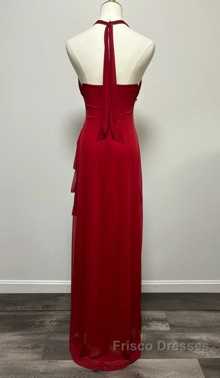 Burgundy A-Line Halter V Neck Chiffon Backless Formal Prom Dress,Bridesmaid Dress With Ankle Length Secondary image