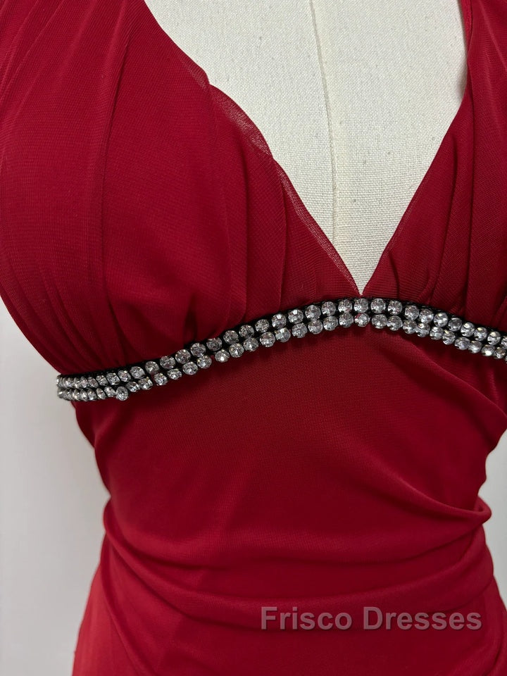 Burgundy A-Line Halter V Neck Chiffon Backless Formal Prom Dress,Bridesmaid Dress With Ankle Length