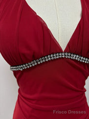 Burgundy A-Line Halter V Neck Chiffon Backless Prom Dress,Bridesmaid Dress With Ankle Length