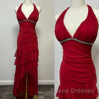 Burgundy A-Line Halter V Neck Chiffon Backless Formal Prom Dress,Bridesmaid Dress With Ankle Length