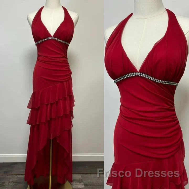 Burgundy A-Line Halter V Neck Chiffon Backless Formal Prom Dress,Bridesmaid Dress With Ankle Length