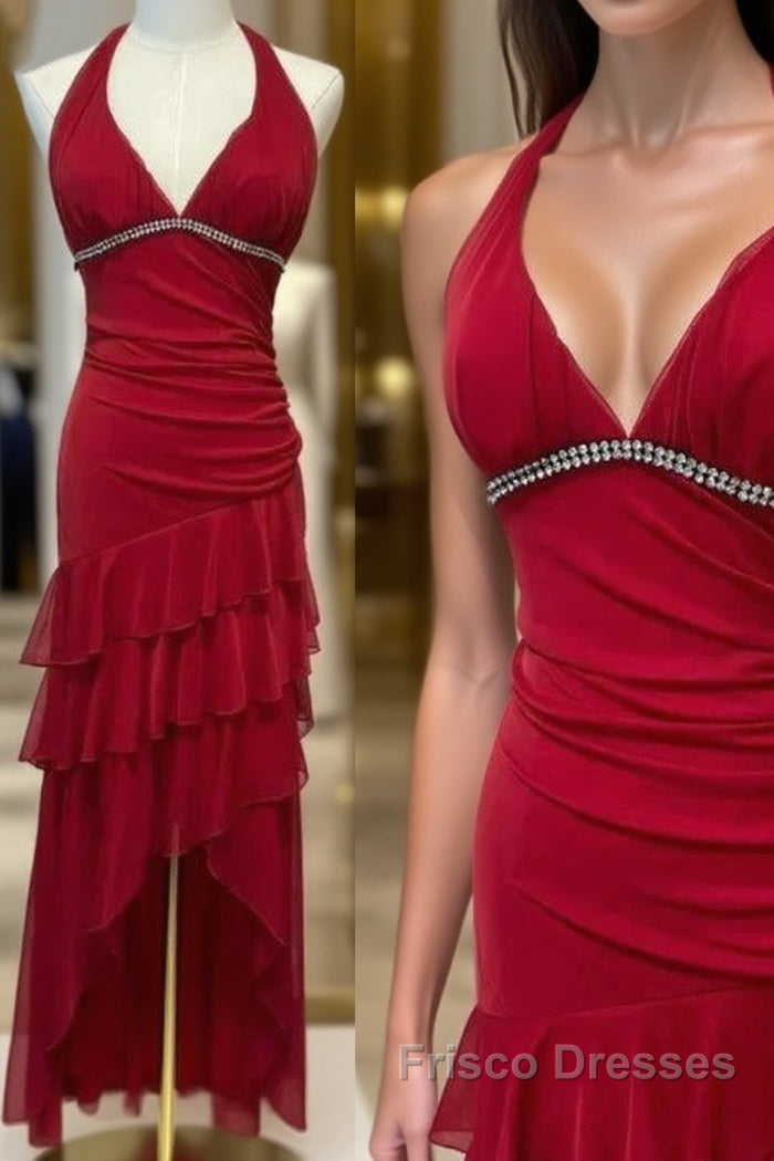 Burgundy A-Line Halter V Neck Chiffon Backless Formal Prom Dress,Bridesmaid Dress With Ankle Length Main image