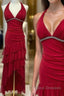 Burgundy A-Line Halter V Neck Chiffon Backless Formal Prom Dress,Bridesmaid Dress With Ankle Length