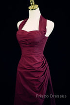 Burgundy A-Line Halter Vintage Style Formal Prom Dress, Burgundy Long Evening Dress
