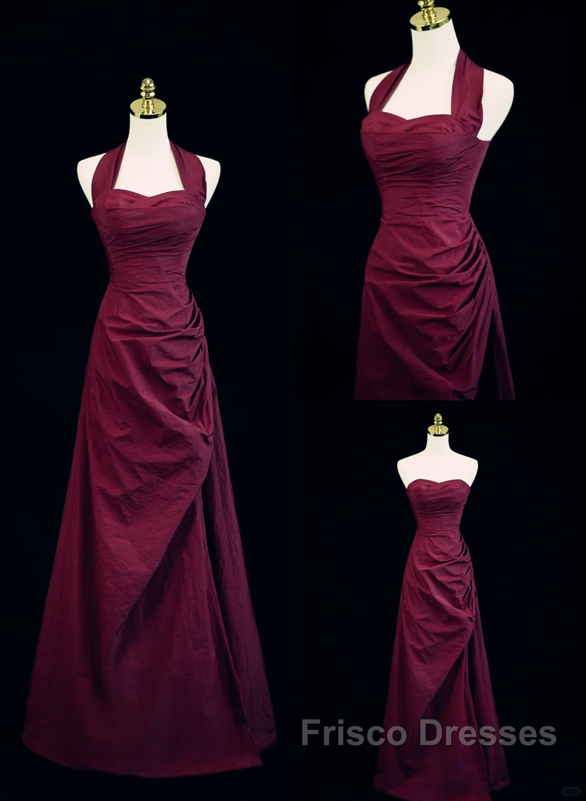 Burgundy A-Line Halter Vintage Style Formal Prom Dress, Burgundy Long Evening Dress