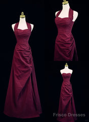 Burgundy A-Line Halter Vintage Style Prom Dress, Burgundy Long Evening Dress