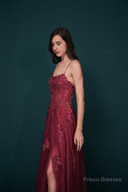 A-line Lace Appliques Long Prom Dresses