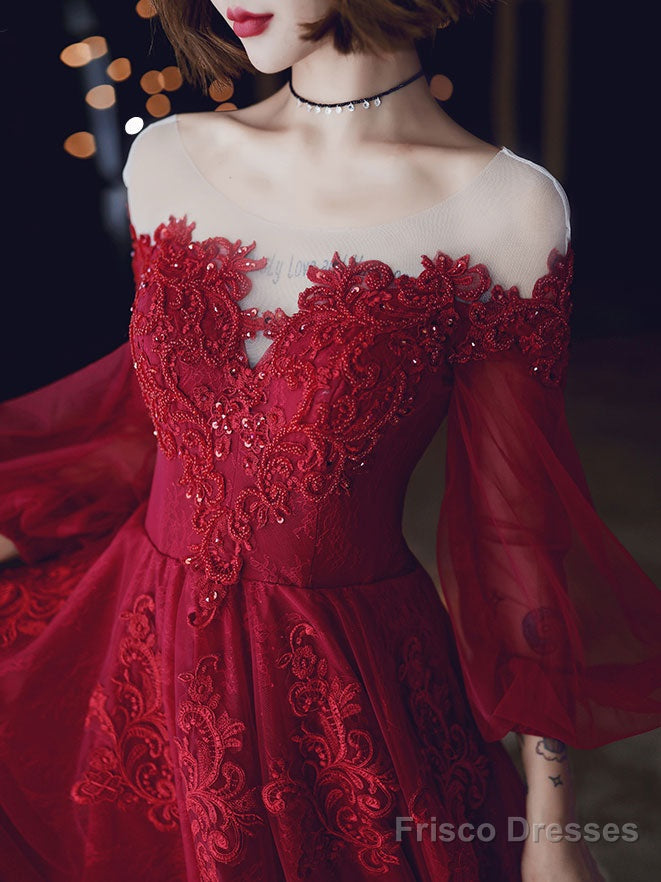 Burgundy A-Line Lace Long Prom Dresses, Burgundy Formal Evening Dresses Main image