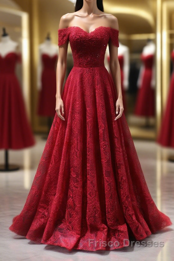 Burgundy A line lace tulle beads long Formal Prom Dresses, burgundy bridesmaid Dresses Main image